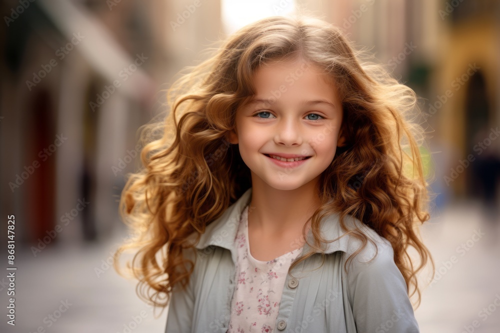 Portrait of a beautiful little girl with curly hair on the street Portrait of a beautiful little girl with curly hair on the street