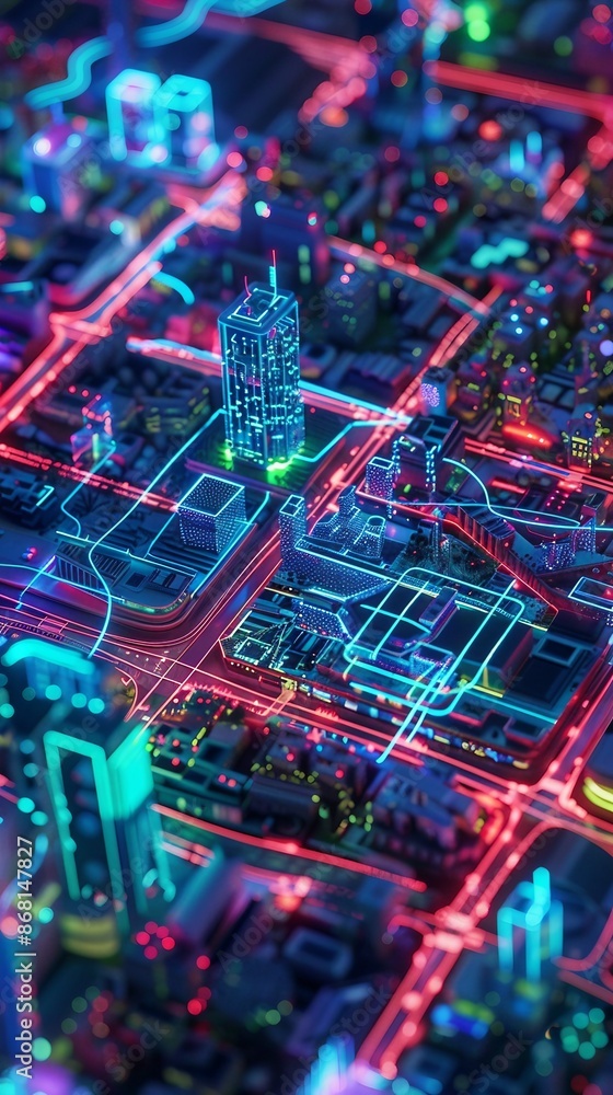 A cityscape with neon lights and buildings A cityscape with neon lights and buildings