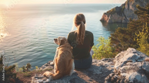 A woman sits on a rock with her dog by her side