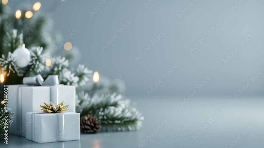 elegant christmas gifts with pine branches and lights on a light blue background. elegant christmas gifts with pine branches and lights on a light blue background.