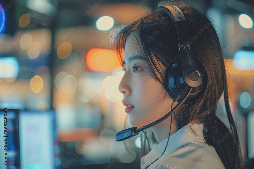A woman wearing a headset is talking on the phone
