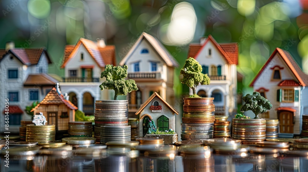 Miniature houses on stacks of coins. Concept of real estate investment, property value, mortgage, and homeownership. Miniature houses on stacks of coins. Concept of real estate investment, property value, mortgage, and homeownership.