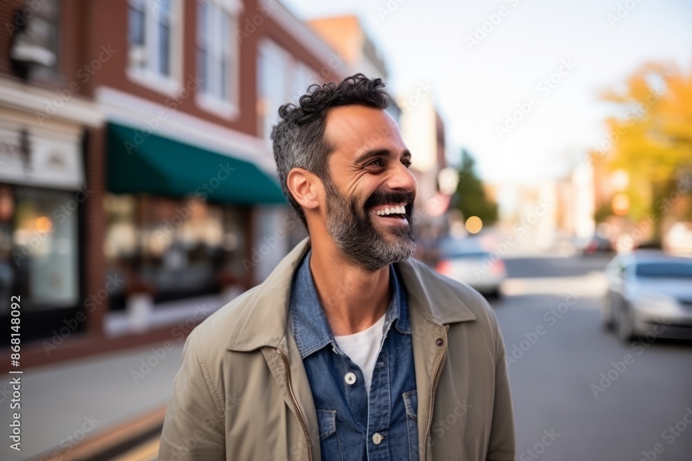 Obraz premium Handsome middle-aged man with beard laughing in a city street.