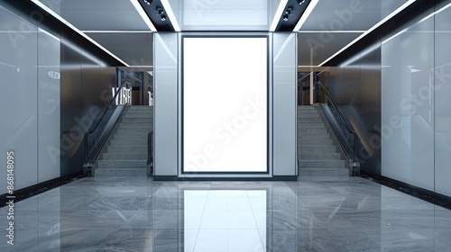 A large white sign is hanging in the middle of a large, empty, white room