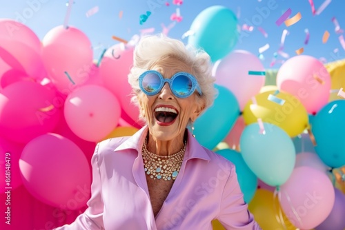Cheerful senior woman with balloons and confetti at birthday party