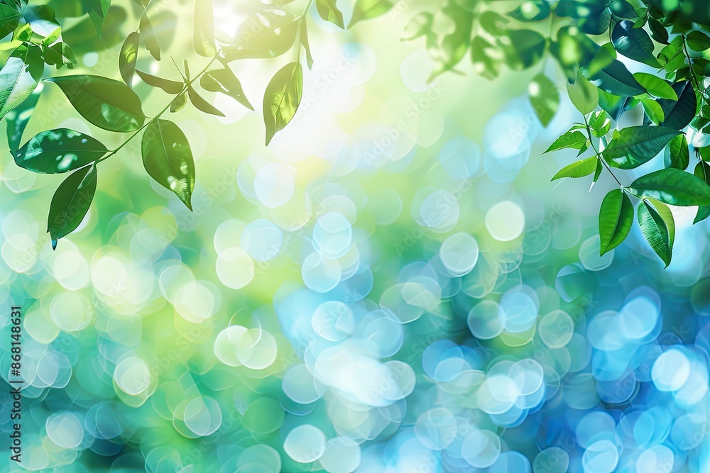 Blurred green and blue summer foliage background with bokeh. Blurred green and blue summer foliage background with bokeh.