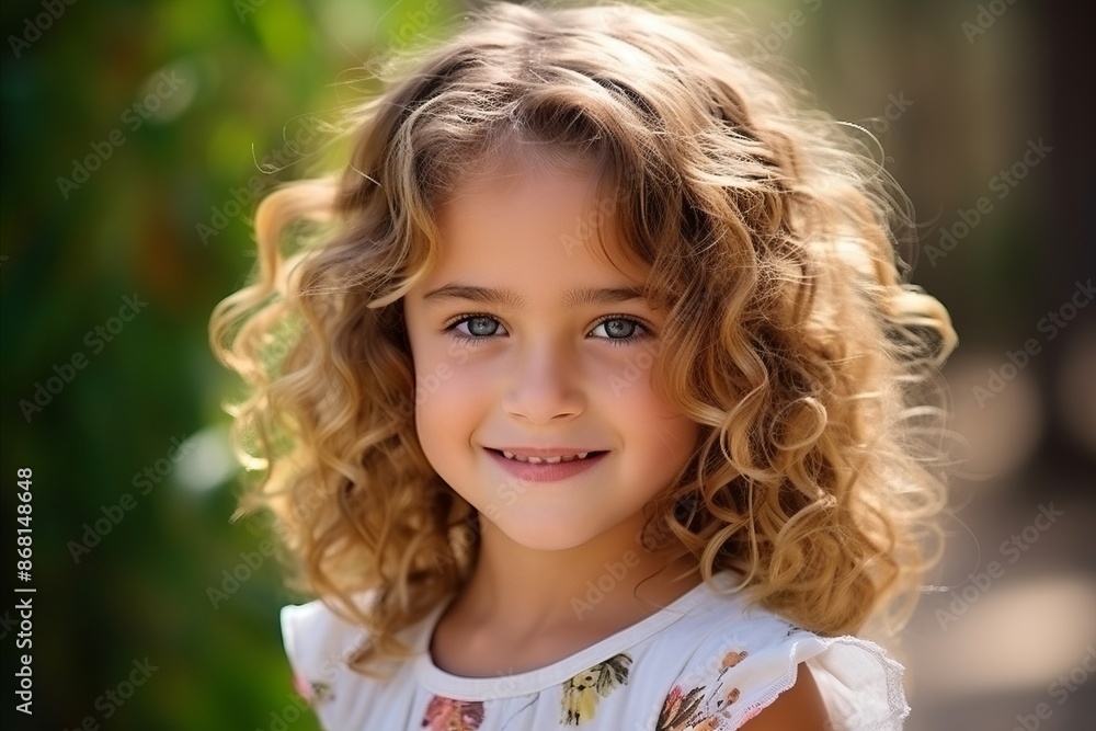 Portrait of a beautiful little girl with curly hair in the park Portrait of a beautiful little girl with curly hair in the park