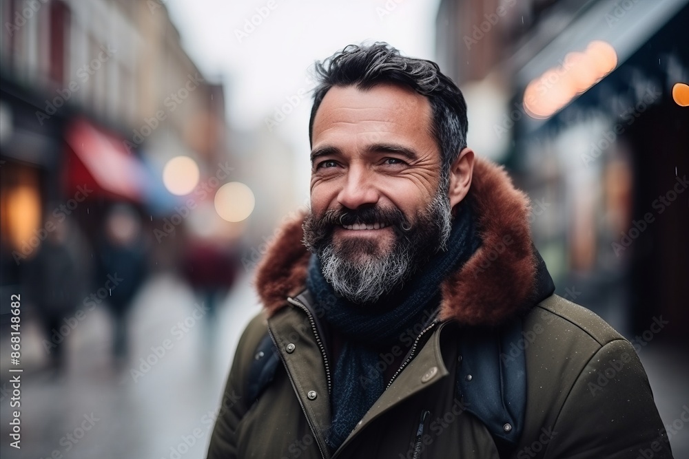 Handsome middle-aged man with beard in the city. Handsome middle-aged man with beard in the city.