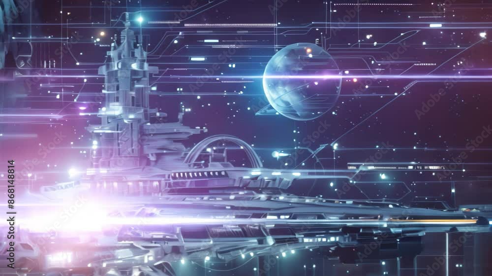 A futuristic spaceship floats in space, showcasing advanced technology and design, Digitally rendered blueprint drawing with a futuristic aesthetic A futuristic spaceship floats in space, showcasing advanced technology and design, Digitally rendered blueprint drawing with a futuristic aesthetic