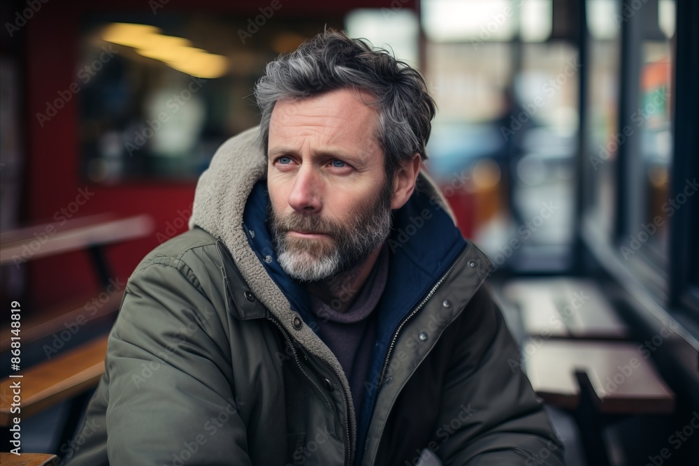 Portrait of a handsome mature man with gray hair and beard, wearing a warm jacket, sitting in a cafe in Paris, France. Portrait of a handsome mature man with gray hair and beard, wearing a warm jacket, sitting in a cafe in Paris, France.