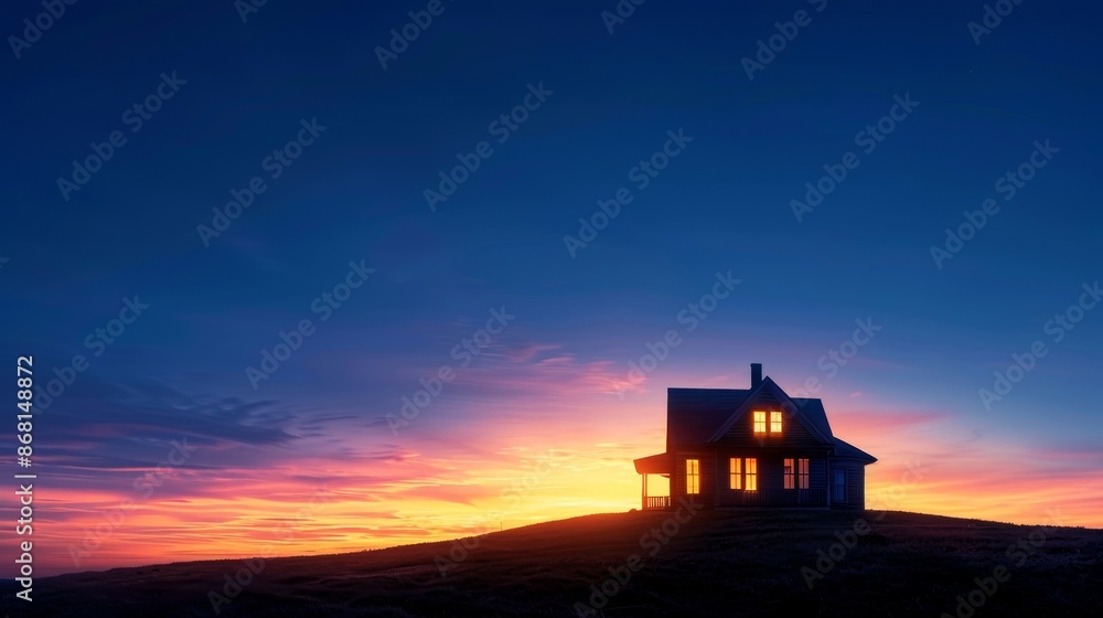 silhouette of a house with warm lights against a vibrant sunset sky. silhouette of a house with warm lights against a vibrant sunset sky.