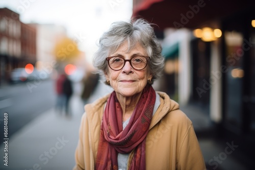 Portrait of a senior woman in glasses on a city street.