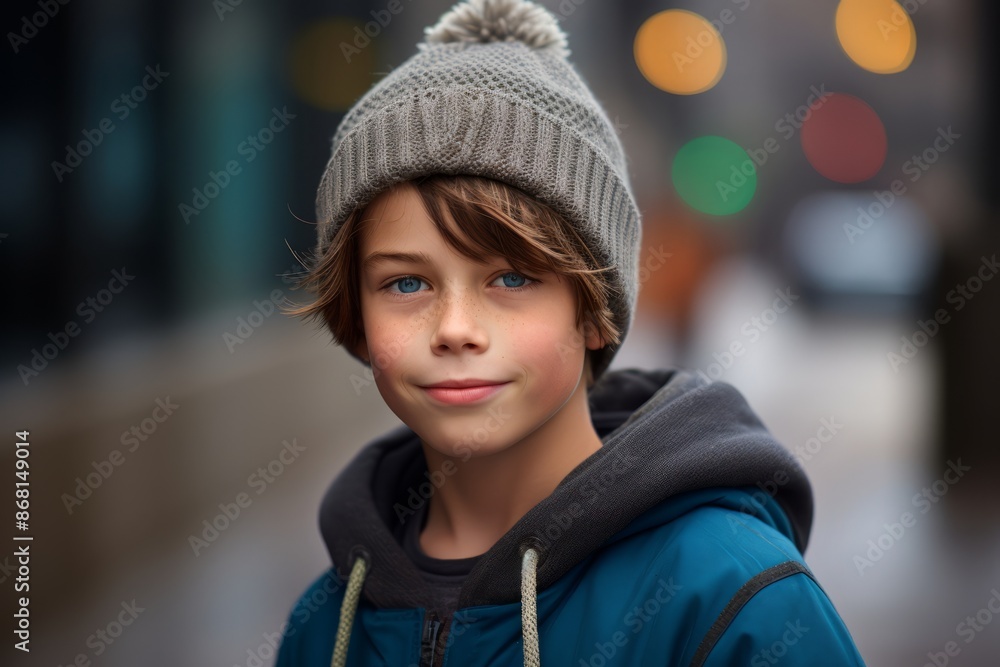 Portrait of a boy in a winter cap on the background of the night city Portrait of a boy in a winter cap on the background of the night city