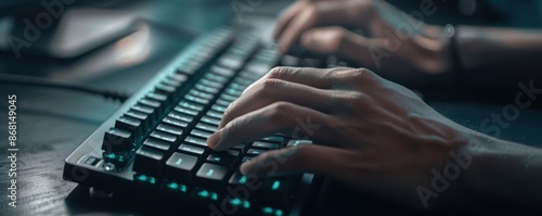 Close-up of hands typing on a mechanical keyboard with RGB lighting, highlighting the focus and precision of digital work or gaming.