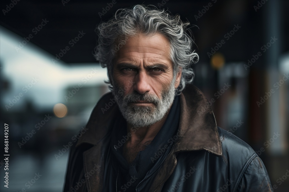 Portrait of an old man with grey hair and beard in a leather jacket on the street Portrait of an old man with grey hair and beard in a leather jacket on the street