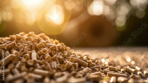 Close-up of wood pellets in warm sunlight, showcasing sustainable biofuel and renewable energy resources in an eco-friendly setting.