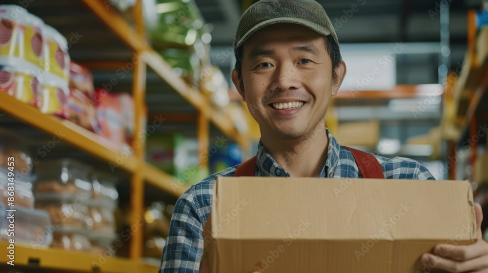 Multi-ethnic team of volunteers collaborating in workshop. Chinese male adult worker collecting food supply free delivery box smiling into camera. Multi-ethnic team of volunteers collaborating in workshop. Chinese male adult worker collecting food supply free delivery box smiling into camera.