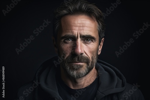 Portrait of a handsome bearded man in a black jacket on a dark background