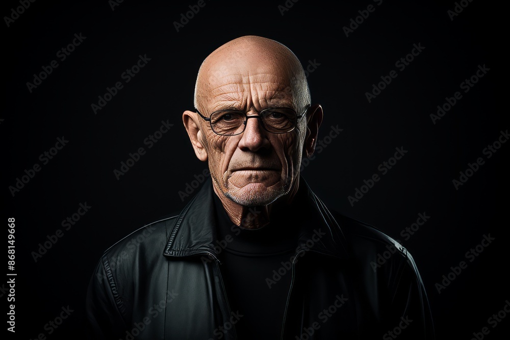 Portrait of an old man in a black leather jacket and glasses. Portrait of an old man in a black leather jacket and glasses.