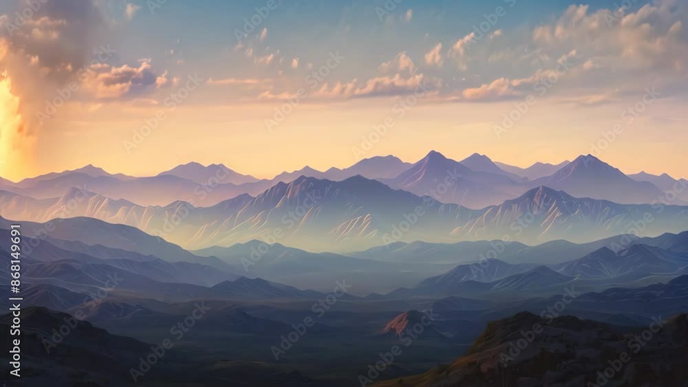 A painting depicting a mountain range under the warm light of a sunset, Distant mountains bathed in the warm light of dusk A painting depicting a mountain range under the warm light of a sunset, Distant mountains bathed in the warm light of dusk