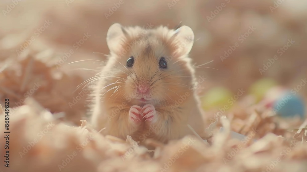 Cute hamster sitting on wood shavings looking at the camera. Adorable pet with fluffy fur and curious eyes in a warm setting. Cute hamster sitting on wood shavings looking at the camera. Adorable pet with fluffy fur and curious eyes in a warm setting.