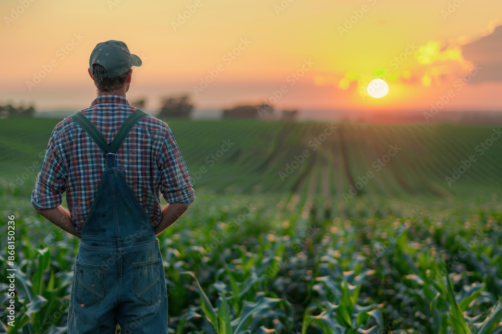 Fototapeta premium Farmer Observing Sunset Over Cornfield