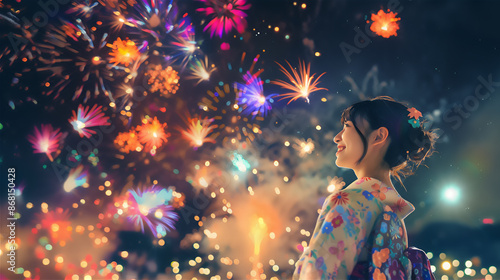 夏の花火の夜空を眺める浴衣を着た日本人女性