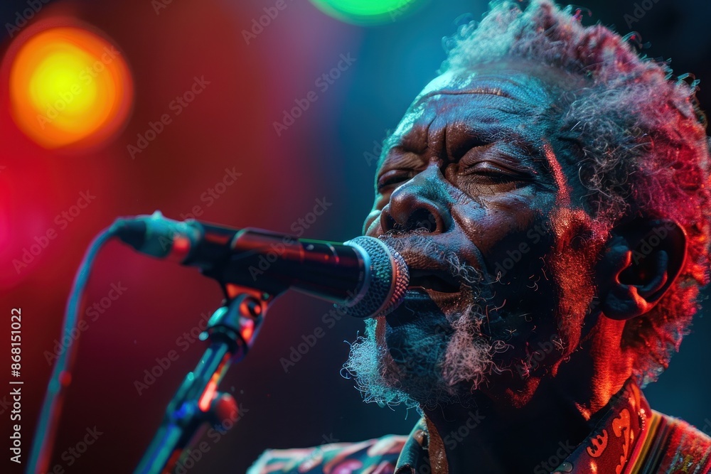 An evocative close-up portrait of a performer passionately singing under vibrant stage lights The singer's intense facial expressions and microphone pose convey their dedication and passion for the An evocative close-up portrait of a performer passionately singing under vibrant stage lights The singer's intense facial expressions and microphone pose convey their dedication and passion for the