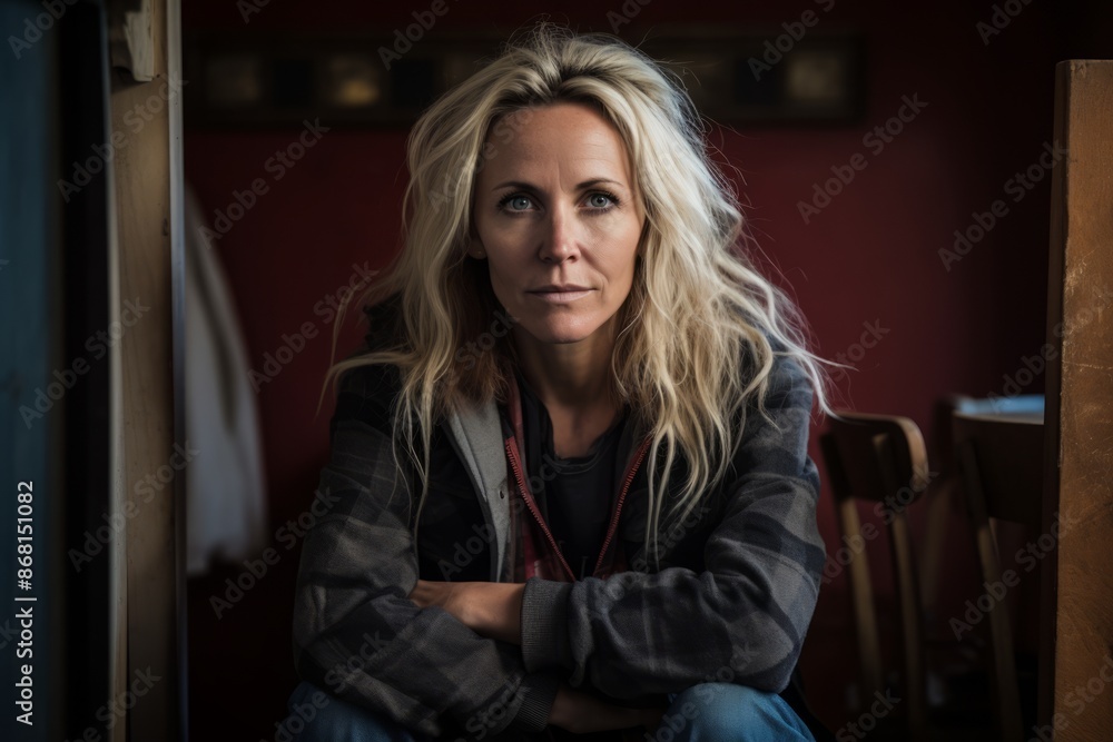 Portrait of a beautiful woman in a cafe with her arms crossed Portrait of a beautiful woman in a cafe with her arms crossed