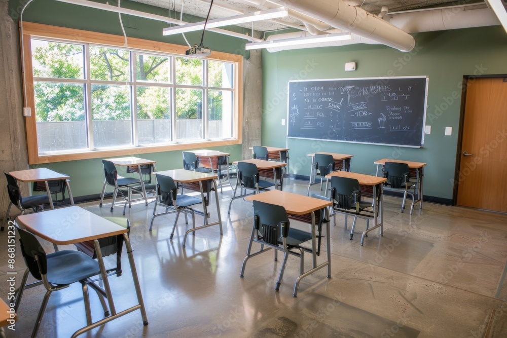 photo of empty classroom with desks and chairs photo of empty classroom with desks and chairs