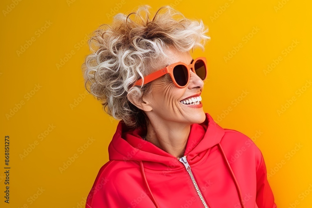 Portrait of happy senior woman in red jacket and sunglasses over yellow background Portrait of happy senior woman in red jacket and sunglasses over yellow background