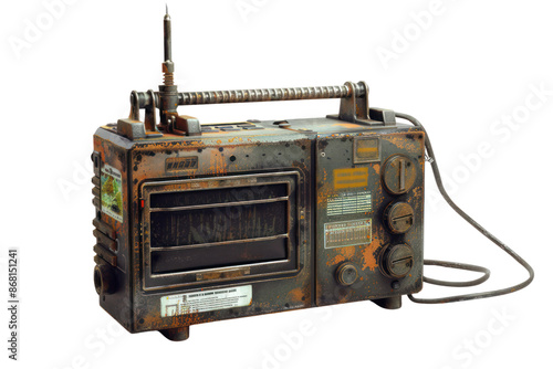 Vintage military radio transceiver isolated on white background, old communication device with weathered appearance and analog controls.