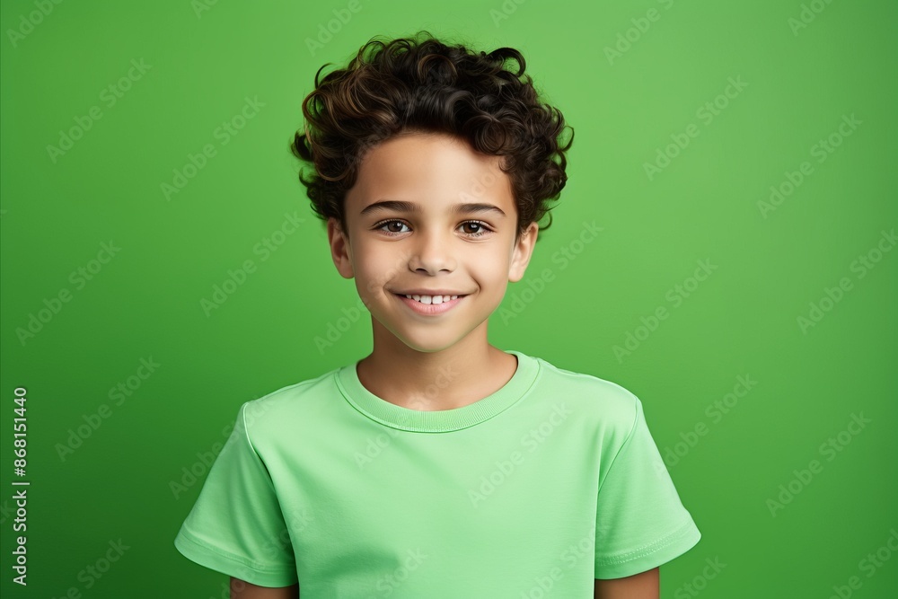 Portrait of a cute little boy with curly hair against a green background Portrait of a cute little boy with curly hair against a green background