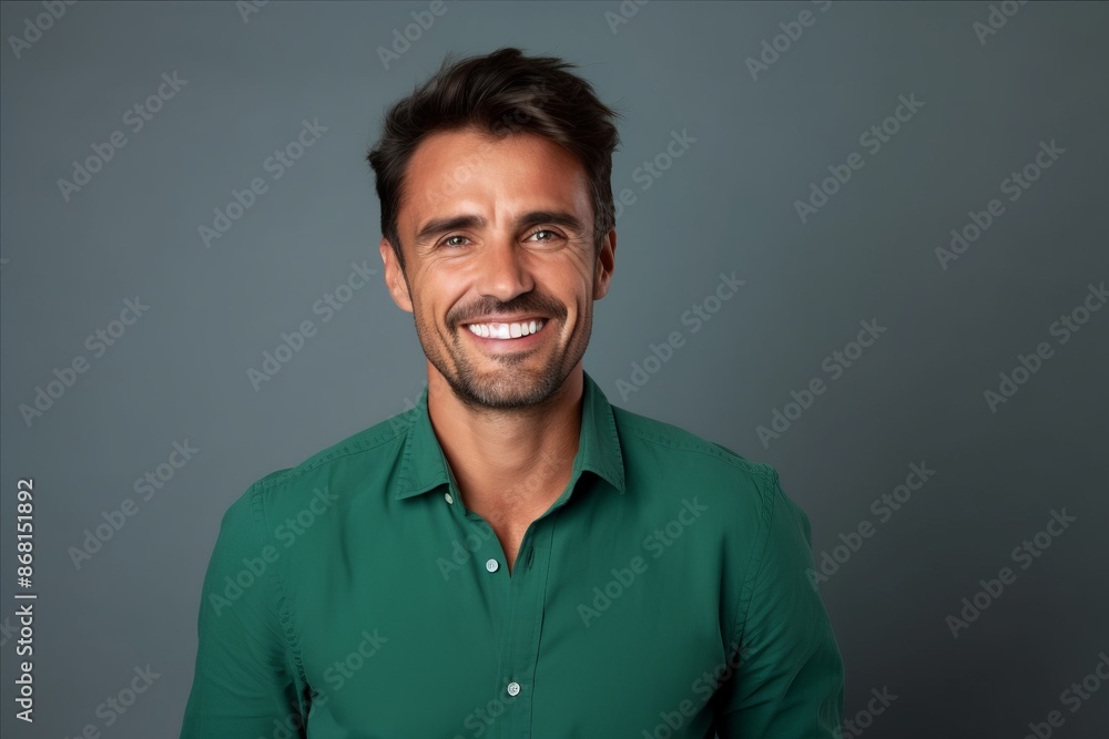 Fototapeta premium Portrait of a handsome smiling man in green shirt on grey background