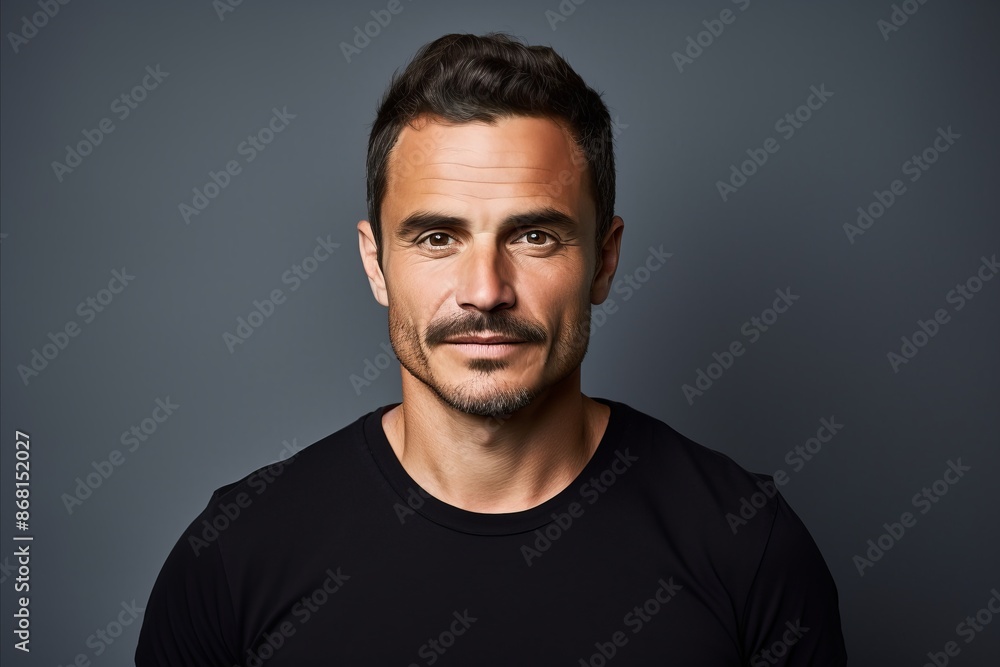 Portrait of a handsome man in black t-shirt over grey background. Portrait of a handsome man in black t-shirt over grey background.