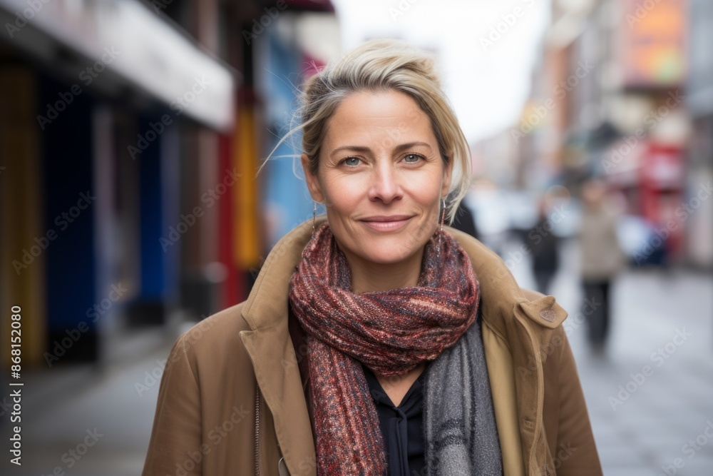 Portrait of smiling mature woman in coat and scarf on city street Portrait of smiling mature woman in coat and scarf on city street