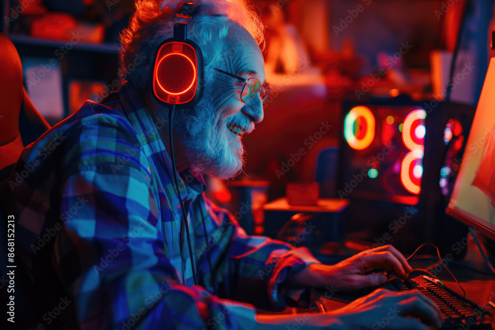 Elderly man enjoying video gaming at home with colorful LED lights. Senior man playing video games with headphones and a gaming computer. Fun and leisure for seniors background. Elderly man enjoying video gaming at home with colorful LED lights. Senior man playing video games with headphones and a gaming computer. Fun and leisure for seniors background.