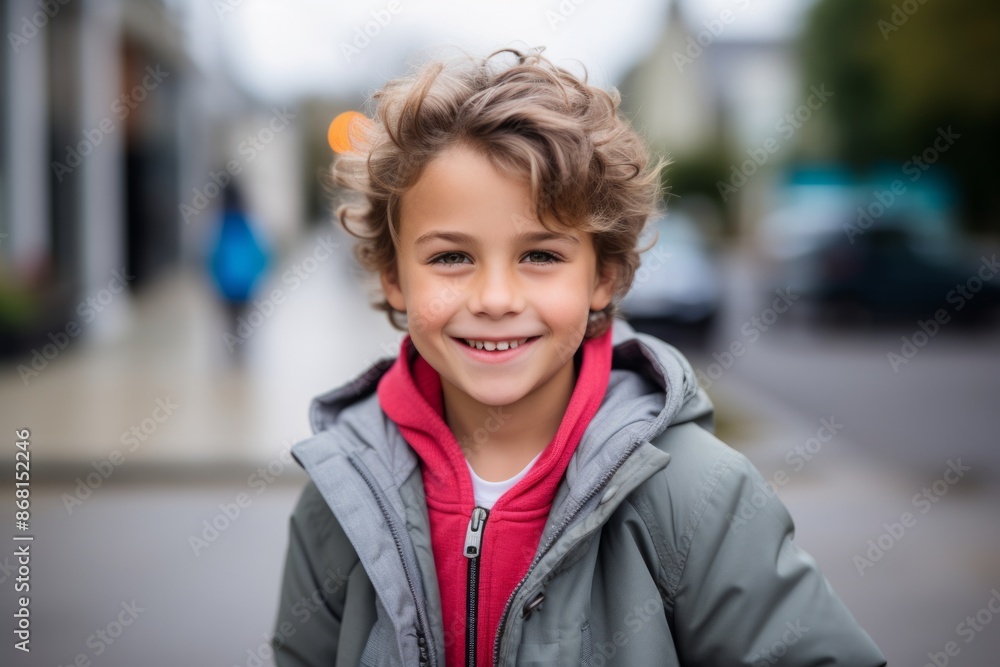 Portrait of a smiling little boy with curly hair on the street