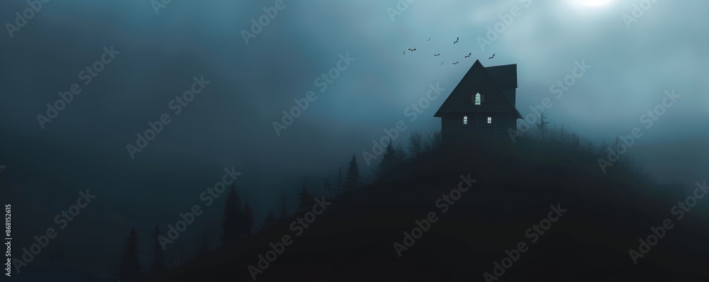 Fototapeta premium A small, eerie house on a hill shrouded in fog.