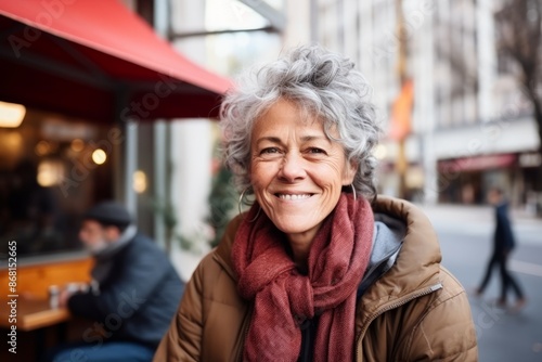 Portrait of a happy senior woman in a street cafe, smiling