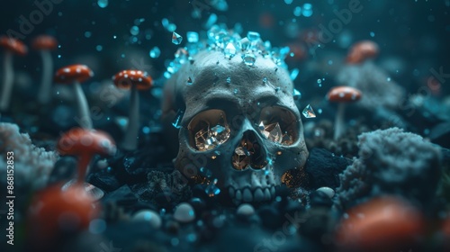 Mystical skull surrounded by glowing mushrooms and crystals in an eerie, dark forest setting, evoking a sense of magic and mystery. © narak0rn