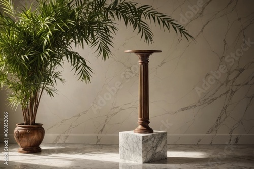 Luxurious stonemarble pedestal basks in foliage gobo sunlight. Wooden rod backdrop adds depth and elegance. Ideal for premium product showcases and sophisticated designs. photo