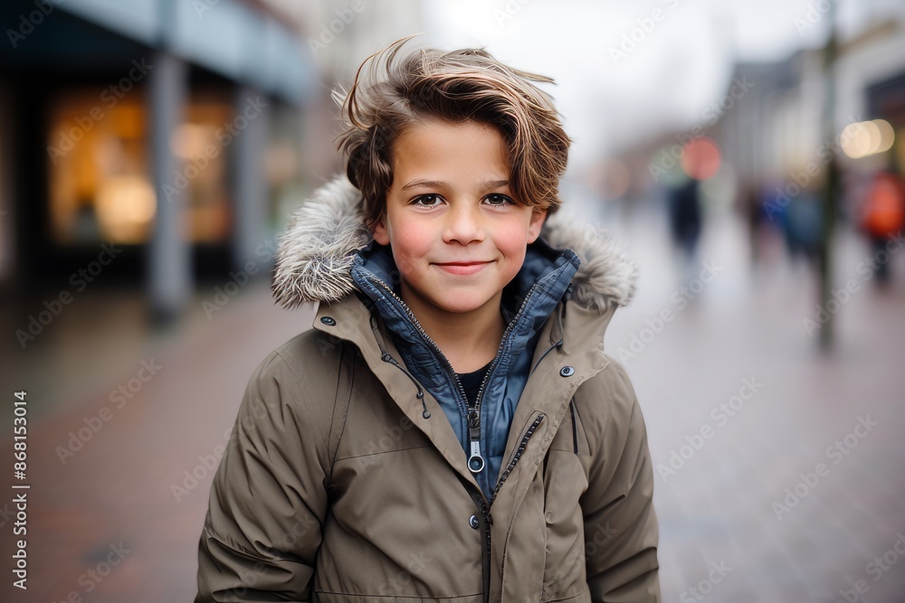 Portrait of a cute little boy in a winter jacket on the street Portrait of a cute little boy in a winter jacket on the street