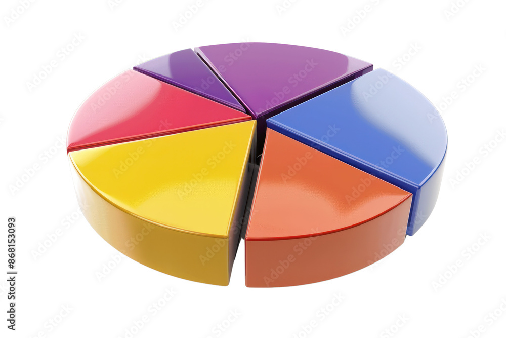 Obraz premium 3D colorful pie chart with six segments representing data visualization, ideal for presentations and analytical reports.