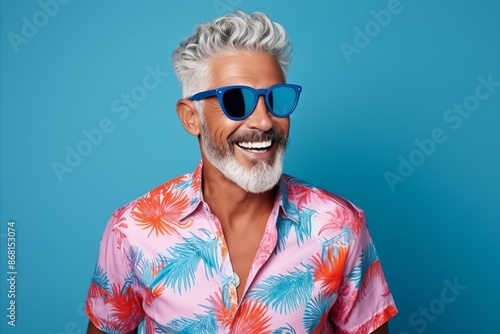Portrait of happy senior man with grey hair wearing sunglasses and colorful shirt