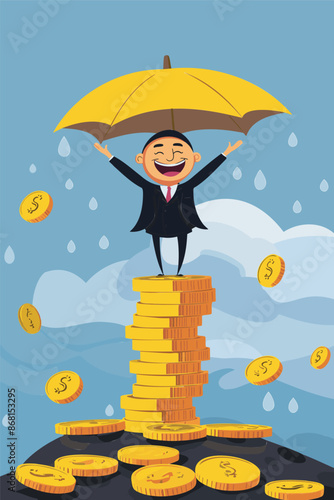 Businessman Balancing on Smile Face and Dollar Coin Stack with Umbrella, Choosing Between Wealth and Happiness