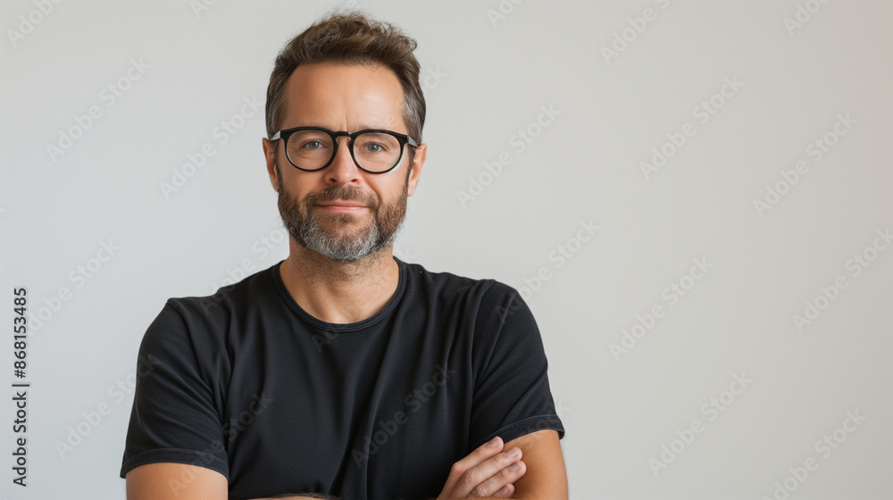 Young handsome man with beard wearing casual sweater and glasses over gray and white background happy face smiling with crossed arms looking at the camera. Positive person. Young handsome man with beard wearing casual sweater and glasses over gray and white background happy face smiling with crossed arms looking at the camera. Positive person.