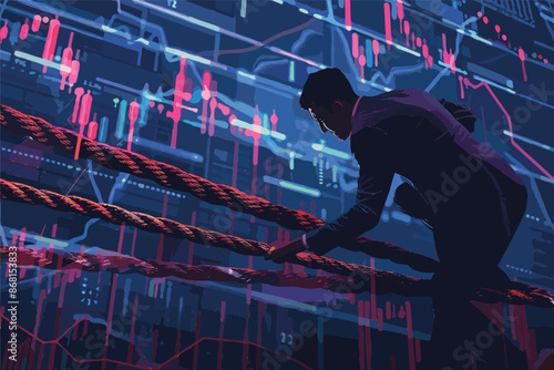 Businessman Manipulating Stock Market with Battle Ropes to Control Cryptocurrency Prices for Investment Profit