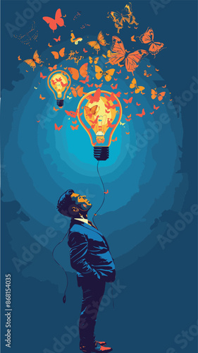 Businessman opens head to catch lightbulb idea with butterfly net, creative thinking and innovation development concept