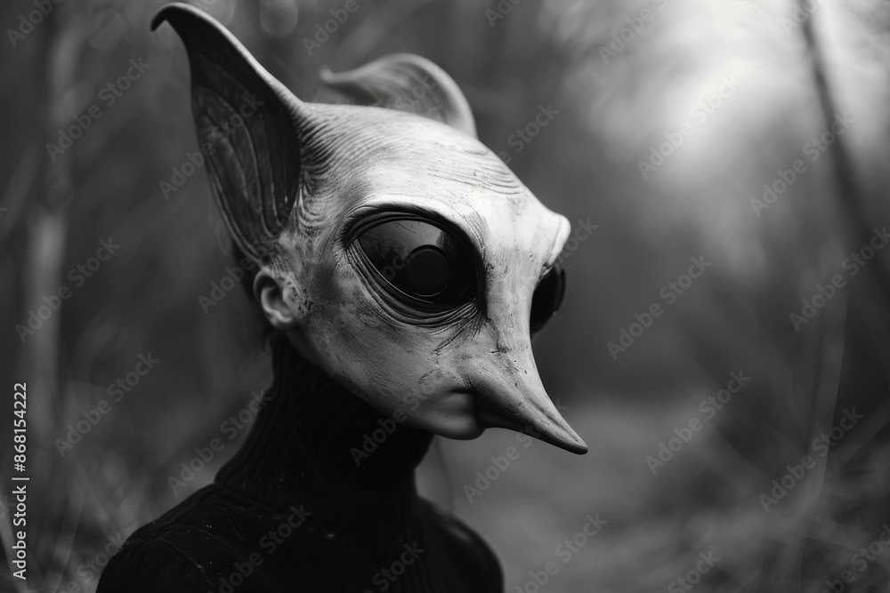 Fototapeta premium A bizarre creature with a beak-like nose and large black eyes in a monochromatic forest